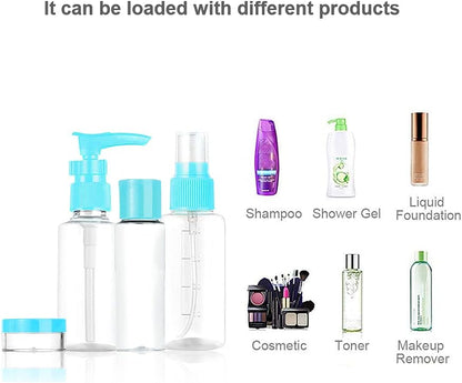 Vitog Travel Bottles Kit, TSA Approved Leak Proof Portable Toiletry Containers Set, Clear flight size PET Cosmetic Containers for Lotion, Shampoo, Cream, Soap, Set of 11 (Blue+Plastic)