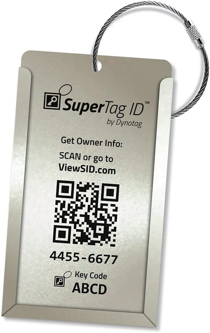 Dynotag® Web Enabled Smart Aluminum Convertible Luggage ID Tag + Braided Steel Loop, with DynoIQ™ & Lifetime Recovery Service (Cool Silver)