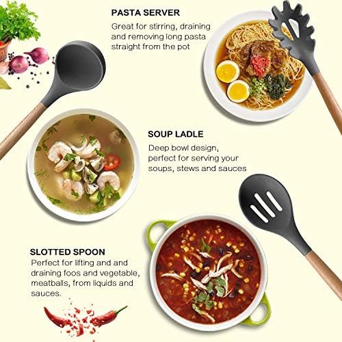 MIBOTE Silicone Cooking Kitchen Utensils Set, 17 Pcs, Wooden Handle, Grey