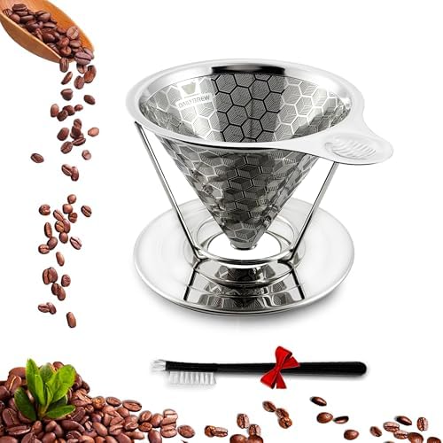 Pour over Coffee Dripper, Triple Layer Stainless Steel Cone Coffee Filter, 4 Cup Non-Electric Manual Portable Drip Coffee Maker, Metal Cone Cafe Coffee Dripper