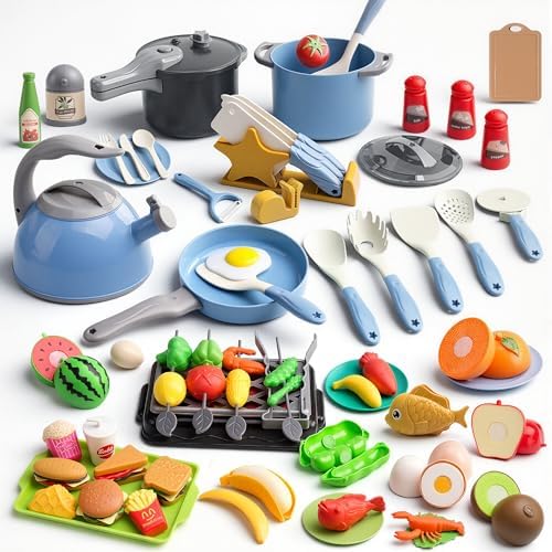 105Pcs Kids Kitchen Toy Accessories, Toddler Pretend BBQ Camping Cooking Playset, Play Pots, Pans, Utensils Cookware Toys, Play Food Set, Vegetables, Learning Gift for Girls Boys