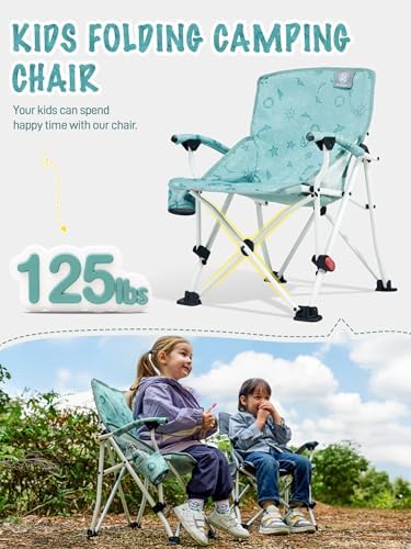 EVER ADVANCED Kids Camping Chairs with Cup Holder, Padded Folding Camping Chair Outdoor with Safety Lock, Carry Bag, Lightweight Portable Camp Chairs for Beach, Balcony, Patio, Supports 150lbs, Green