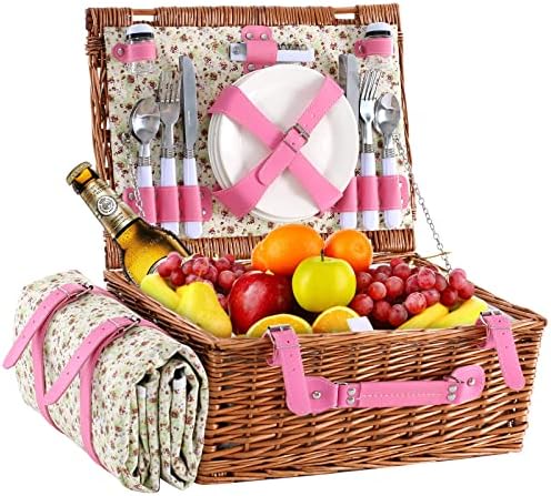Wicker Picnic Basket for 4 with Waterproof Picnic Blanket Pink