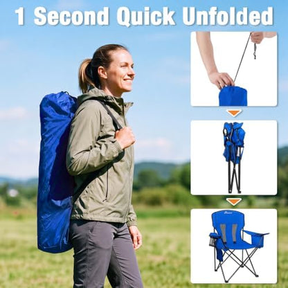 Camping Chairs for Adults 2 Pack, Folding Chair with 4-Can Cooler Bag & Cup Holder, Portable Heavy Duty Outdoor Chair with Mesh Back for Camping, Beach, Lawn, Fishing, Blue