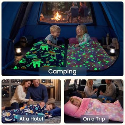 JOIEDOMI Toddler Sleeping Bag for Kids 66''x33'' Glow in The Dark Kids Sleeping Bag with Pillow for Boys and Girls Ages 3+ Soft Flannel Toddler Nap Mat for Preschool Daycare Sleepover