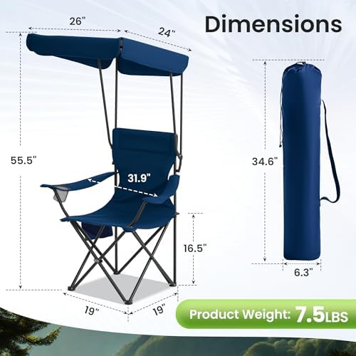 Portable Camping Chair 2 Pack with Foldable Canopy, Folding Outdoor Chair with Cup Holder & Side Pocket for Camping, Hiking, Picnic, Beach (Blue)