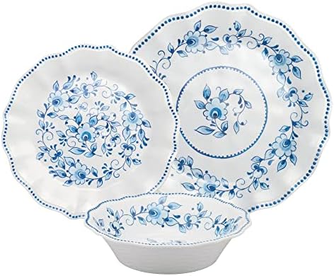 UPware 12 Piece Blue and White Floral Melamine Dinnerware Sets, Outdoor Dishes Set, Plates and Bowls Sets, Service for 4, Blue