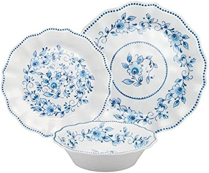 UPware 12 Piece Blue and White Floral Melamine Dinnerware Sets, Outdoor Dishes Set, Plates and Bowls Sets, Service for 4, Blue