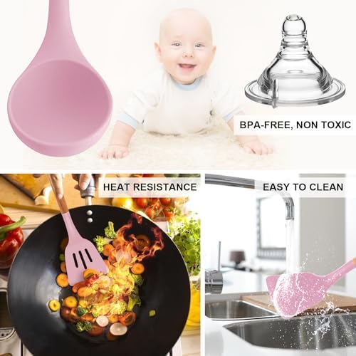 MIBOTE Silicone Cooking Kitchen Utensils Set, Wooden Handle, Pinky