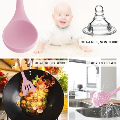 MIBOTE Silicone Cooking Kitchen Utensils Set, Wooden Handle, Pinky