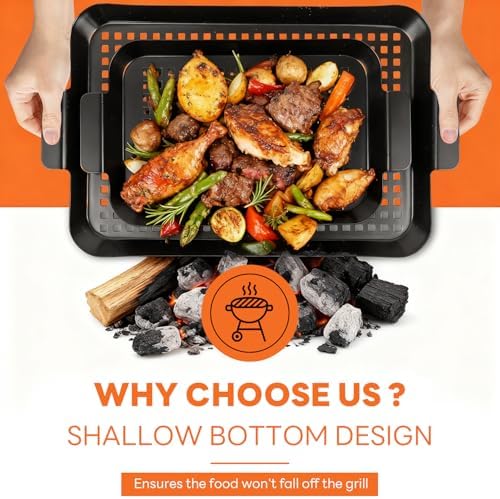 2PCS Grill pan: Grill topper for outdoor grill - Non-stick enamel coating grill topper suitable for camping, picnic, party