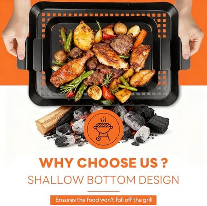 2PCS Grill pan: Grill topper for outdoor grill - Non-stick enamel coating grill topper suitable for camping, picnic, party