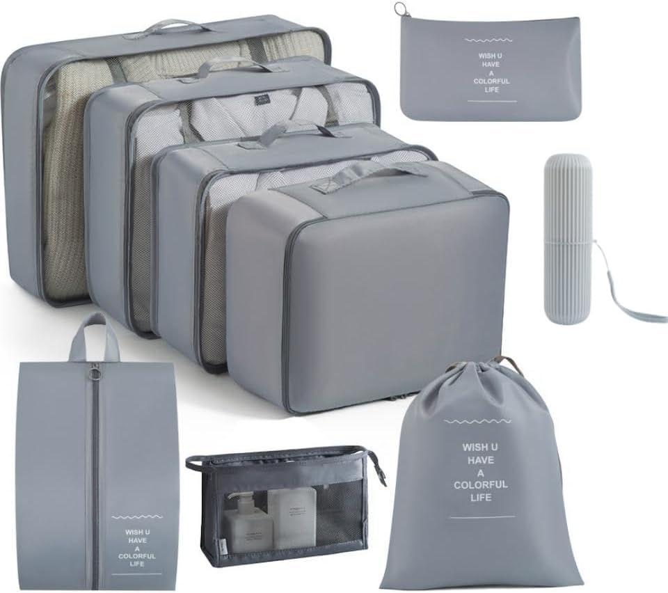 9 Set Packing Cubes for Suitcases, Aydicon Travel Luggage Packing Organizers with Laundry, Toiletry Bag, Compression Storage Shoe Bag, Toothbrush Case, Travel Essentials (Grey)