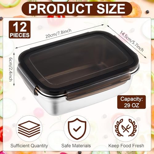 12 Pcs 29oz/ 850 ml 304 Stainless Steel Food Containers with Lid, FDA Registered Airtight Lunch Container Reusable Meal Prep Storage Box Freezer/Dishwasher Safe for Home Kitchen