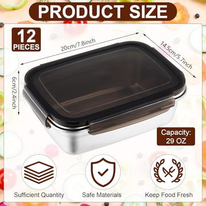 12 Pcs 29oz/ 850 ml 304 Stainless Steel Food Containers with Lid, FDA Registered Airtight Lunch Container Reusable Meal Prep Storage Box Freezer/Dishwasher Safe for Home Kitchen