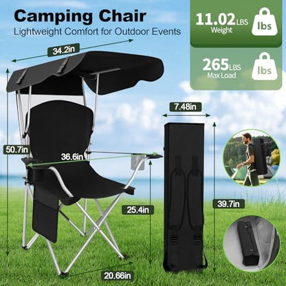 VTOY Portable Folding Camping Chair with Canopy, Outdoor Sun Shade Chair