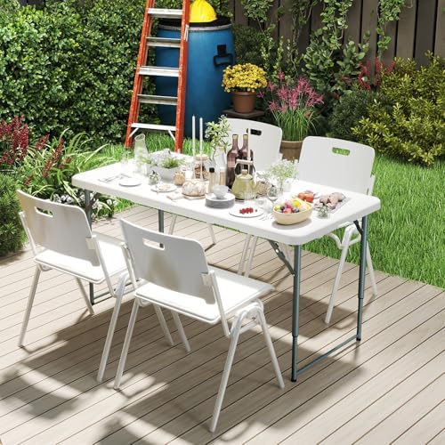 SKONYON 4 Foot Folding Table Heavy Duty Portable Fold-in-Half Plastic Utility Table Small Indoor Outdoor Adjustable Height Folding with Carrying Handle, Camping and Party, Portable White