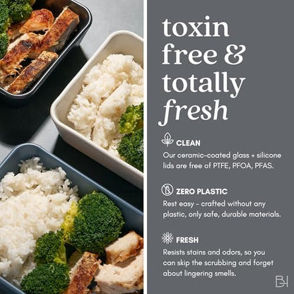 Glass Food Storage Container with Lid, 6-Cup Medium Rectangle | Microwave-Safe Airtight Lid, Oven-Safe Ceramic-Coated Glass | Zero Plastic, No PFAS/PFOA/BPA, Reusable [Crema]