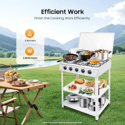 Gas Stove 5 Burner, 2500W Portable Grill BBQ Gas Stove Outdoor Camping Cooking BBQ Grill with 2-Tier Storage Rack for Motorhome Travel and Outdoor Cooking (White)