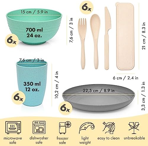 FOODLE Wheat Straw Dinnerware Set - RV, Camping Plates Cups and Bowls Set