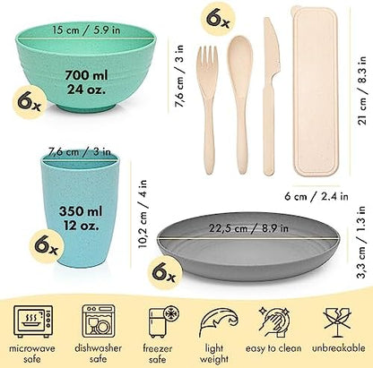 FOODLE Wheat Straw Dinnerware Set - RV, Camping Plates Cups and Bowls Set