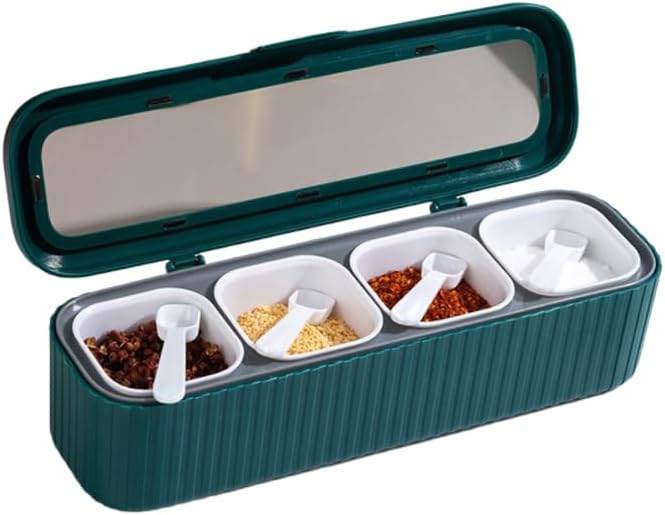 Clear Seasoning Box, 4 Packs Seasoning Rack Spice Pots,Condiment Jars Seasoning Box with Clear Covers and Spoons for Spice, Sugar, Salt, Pepper, Garlic Powder (Green)