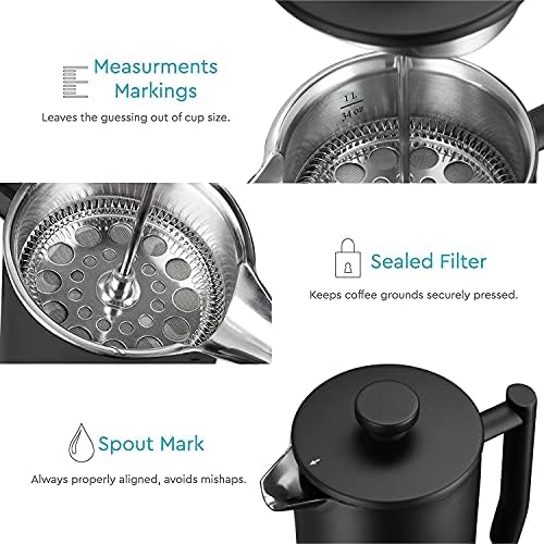 French Press Coffee Maker, 34oz Insulated Stainless Steel, Matte Black