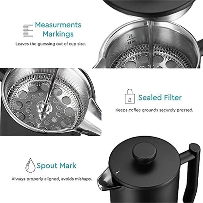 French Press Coffee Maker, 34oz Insulated Stainless Steel, Matte Black