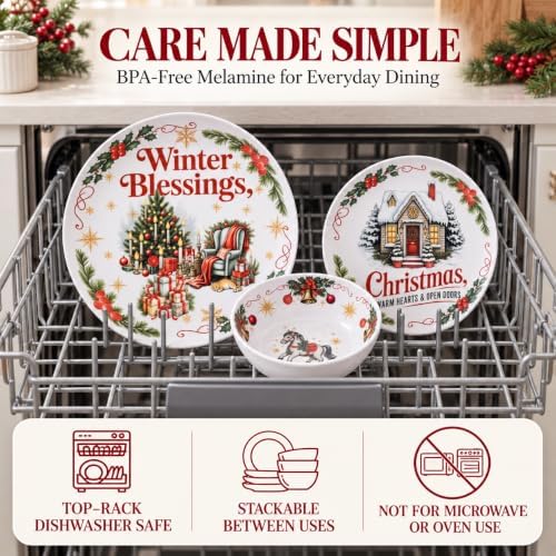 Vintage Christmas Dinnerware Set for 4, 12-Piece Melamine Dish Set