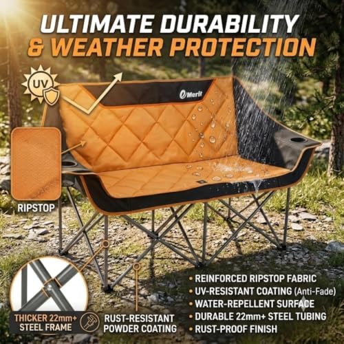 EMERIT Oversized Double Duo Camping Chair Folding Camping Loveseat 2 Person Camping Couch Heavy Duty Lawn Chairs for Outside with Padded Seats & Armrests-Support 650LBS
