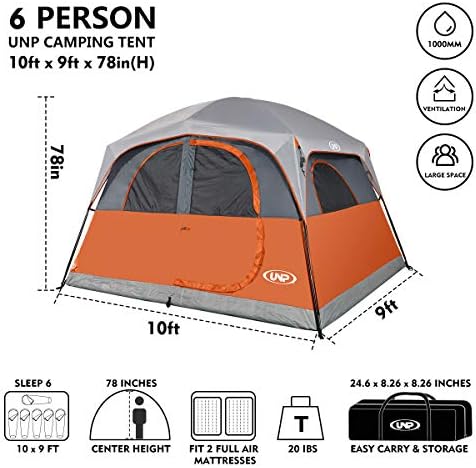 UNP 6 Person Tents for Camping Waterproof Family Cabin Tent with Rainfly