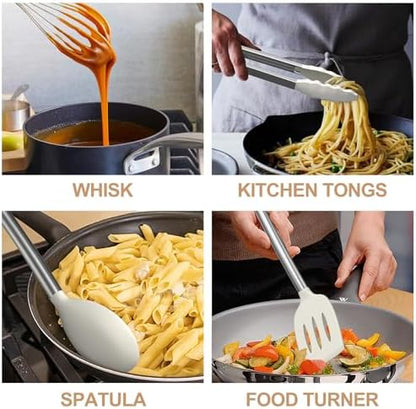 Kitchen Utensils Set-Umite Chef 34 Pcs Silicone Cooking Utensils Set for Nonstick Cookware-Silicone Spatulas Set, Stainless Steel Handle-White Kitchen Gadgets Tools, Pots and Pans Accessories
