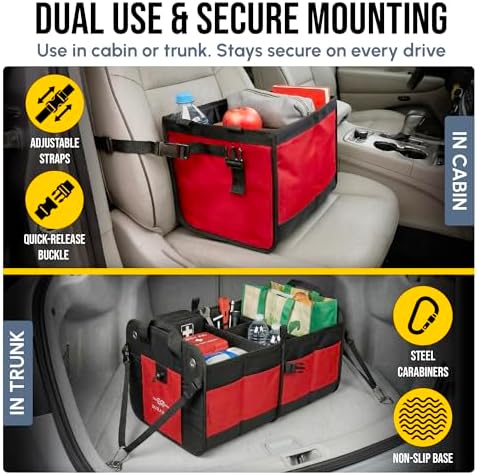 Large Car Trunk Organizer, Modular & Collapsible, 3 Compartment, Red