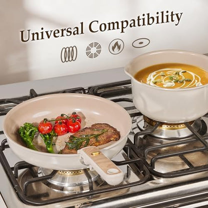 CAROTE Ceramic Pots and Pans Set, Cookware Set Detachable Handle, 19 Pcs Induction Kitchen Cookware Sets Non Stick with Removable Handle, RV Cookware Set, Oven Safe, Elegant White, Mothers Day Gifts