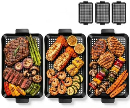 3PCS Grill pan: Grill Topper for Outdoor Grill, Non-Stick Enamel Coating Grill Topper Suitable for Camping, Picnic, Party