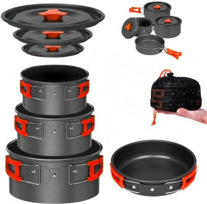 Smokey Camp Camping Cookware Mess Kit Set with Stove - Backpacking Camping Pots and Pans Set, All in One Non-Stick Camping Cooking Set, Portable Stove, Hiking, Picnic, Outdoor & Camping Cookware Set