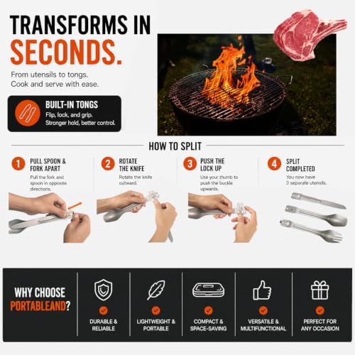 Camping Cutlery Set with Built-in Tongs, 4-in-1 Camping Utensils, Spoon Fork Knife Combo, Compact Stainless Steel Flatware for Camping, Backpacking, Hiking, Picnic, RV & Trave (2-Pack)