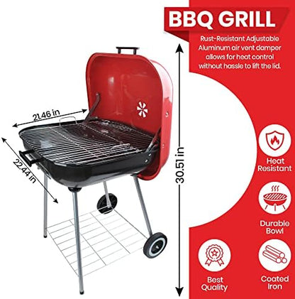 Alpine Cuisine 22x25 Inch Portable Charcoal BBQ Grill with Wheels, Heavy-Duty Outdoor Grilling for Patio, Tailgating & Camping - Red