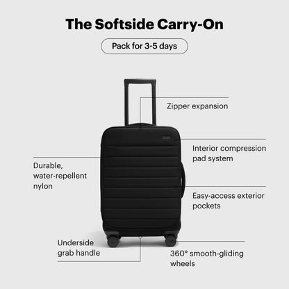 Away Softside Carry-On Suitcase, 22 Inch Lightweight, Expandable High-Strength Nylon Luggage With Spinner Wheels, Meets Requirements for Most Major Airlines, Jet Black