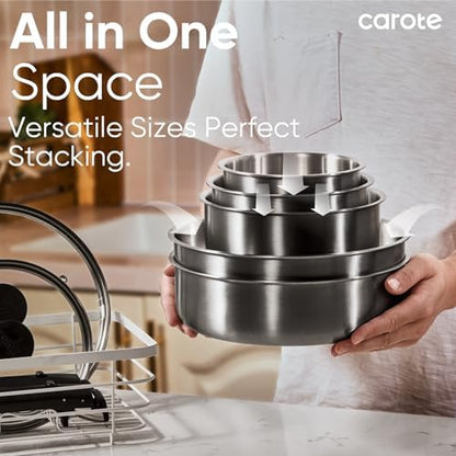 CAROTE 15pcs Tri-Ply Stainless Steel Cookware Set with Detachable Handle
