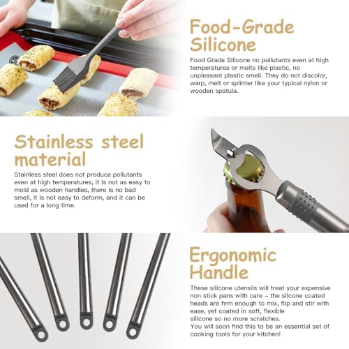Kitchen Utensil Set-Silicone Cooking Utensils-33 Kitchen Gadgets & Spoons for Nonstick Cookware-Silicone and Stainless Steel Spatula Set-Best Kitchen Tools, Useful Pots (Grey)
