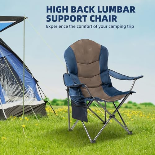 2 Pack Folding Camping Chairs for Adults - High Back Padded Outdoor Lawn Chairs with Lumbar Support & Cup Holder, 400lbs Heavy Duty Portable Camping Chairs Set (Blue & Brown, 2 PCS)