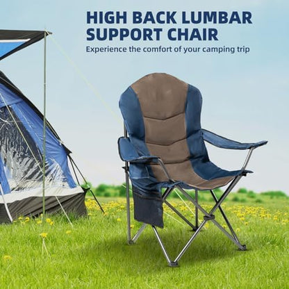 2 Pack Folding Camping Chairs for Adults - High Back Padded Outdoor Lawn Chairs with Lumbar Support & Cup Holder, 400lbs Heavy Duty Portable Camping Chairs Set (Blue & Brown, 2 PCS)