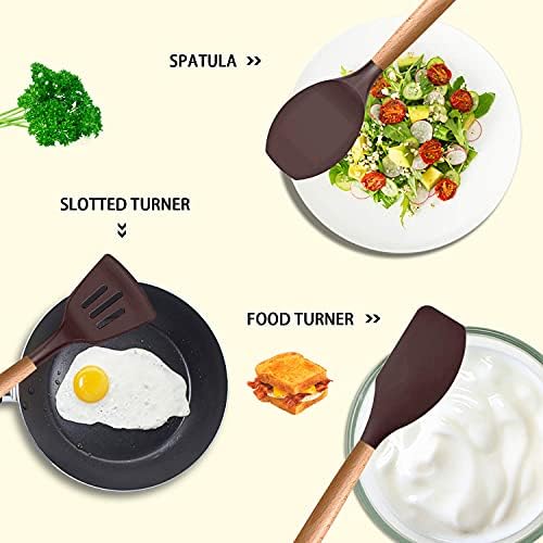 MIBOTE Silicone Cooking Kitchen Utensils Set, Wooden Handle, Coffee