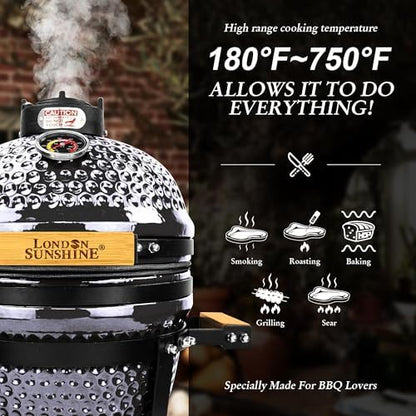 London Sunshine Ceramic BBQ Charcoal Kamado Grill 13 inch Portable Tabletop BBQ Bright Gray