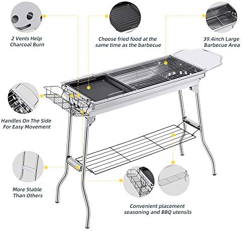Portable Charcoal Grill,Outdoor BBQ Grill for Christmas Picnic, Thanksgiving Family Gathering and Backyard Barbecue,With Storage Bag & Non-Stick Frying Pan