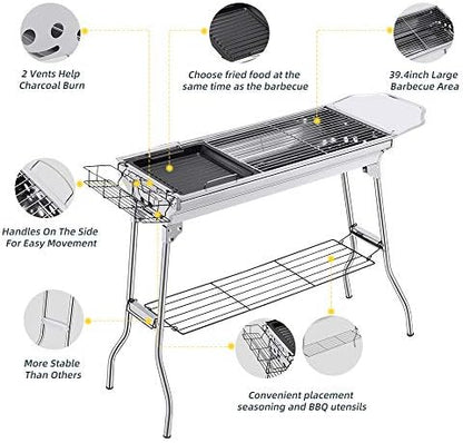 Portable Charcoal Grill,Outdoor BBQ Grill for Christmas Picnic, Thanksgiving Family Gathering and Backyard Barbecue,With Storage Bag & Non-Stick Frying Pan