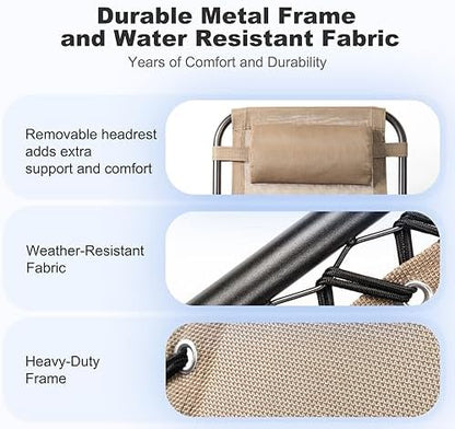 Nazhura Set of 2 Relaxing Recliners Patio Chairs Adjustable Steel Mesh Zero Gravity Lounge Chair Beach Chairs with Pillow and Cup Holder Khaki (Kahki)