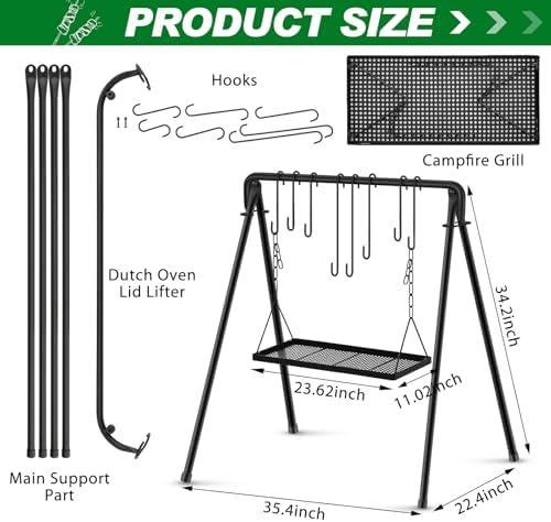 Rossesay Grill Swing Campfire Stand Campfire Cooking Equipment Adjustable Camping Accessories Cookware Hanging Rack with 8 Hooks and Portable Grill Stand for BBQ Picnic Outdoor Party