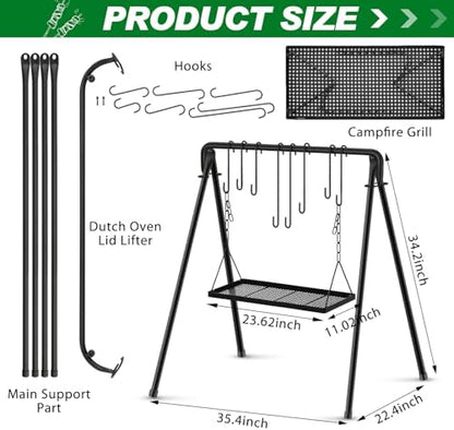 Rossesay Grill Swing Campfire Stand Campfire Cooking Equipment Adjustable Camping Accessories Cookware Hanging Rack with 8 Hooks and Portable Grill Stand for BBQ Picnic Outdoor Party